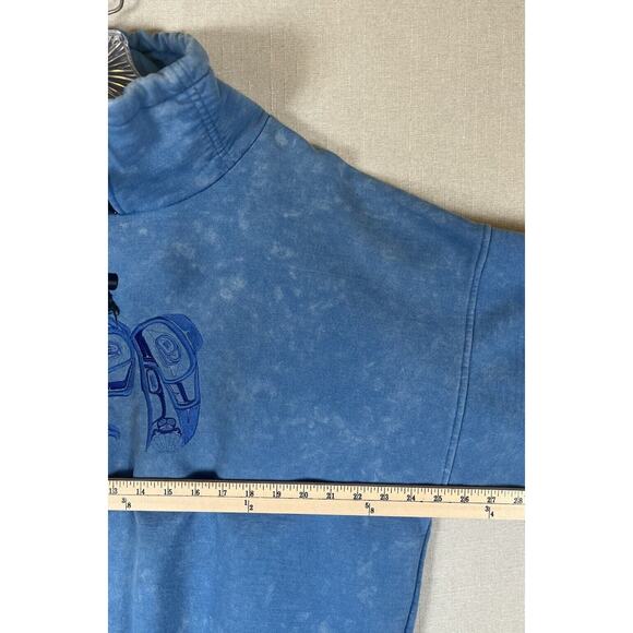 VTG Fuzzy Stonewash Native Bird 1/4 Zip High Neck Sweatshirt Mens XL Blue READ - Picture 3 of 11